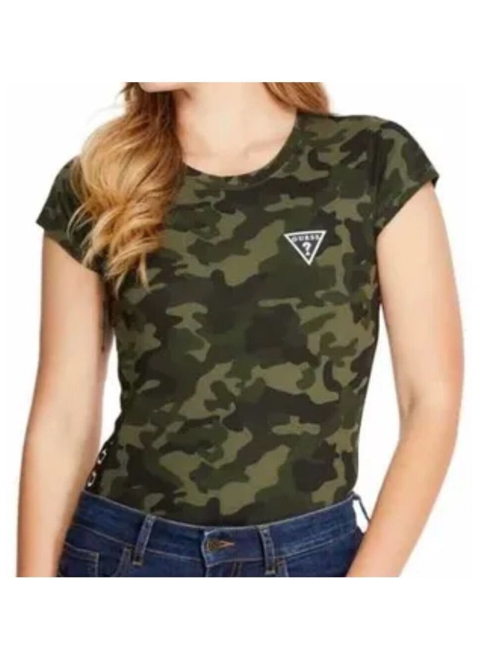 Guess Green and Black Camouflage Y2K Side Logo Tee Size S